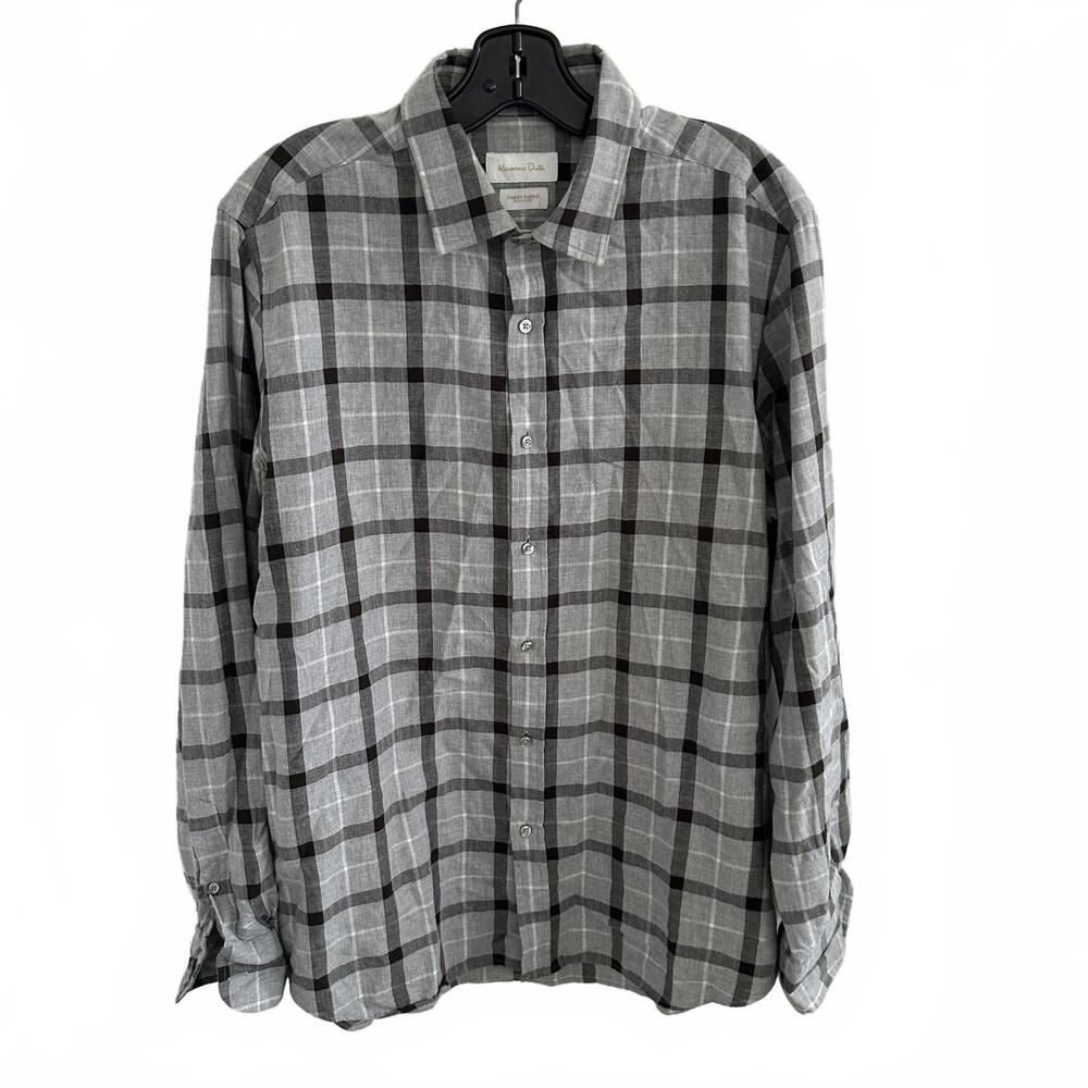 Massimo Dutti Men's Grey and Brown Soft 100% Cotton Plaid Casual Shirt - XL